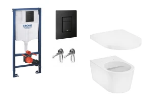 EluPura S Miska wisząca WC 54cm, bezkołnierzowa AquaFall Flush, Biała z deską wolnoopadającą i stelażem GROHE Solido