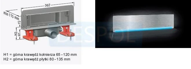 KESSEL - SCADA LEDO odpływ ścienny LED, z pokrywą ze stali nierdz. do płytek max 10mm KOLOR RGB